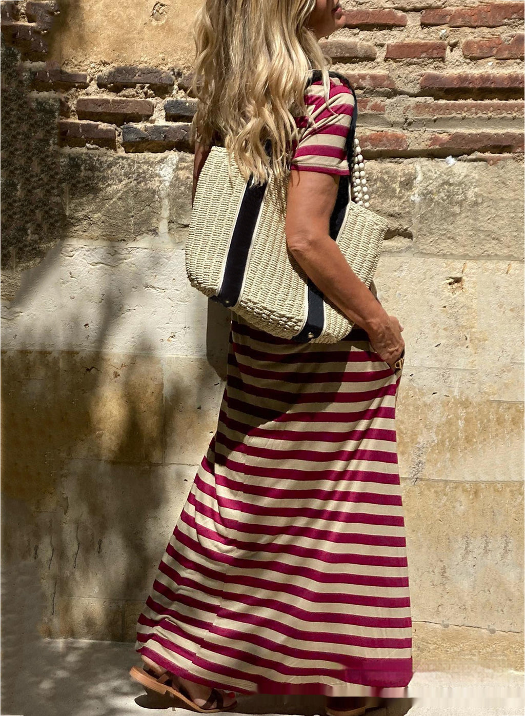 Women's Short-Sleeve Pocket Casual Long Dress