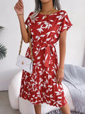 Women's Casual Leaf Print Short Sleeve Flowy Pleated Dress