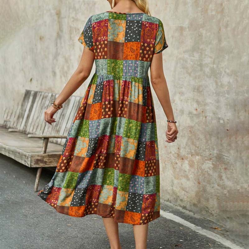 Womens Retro Colorful Polka-Dot Square-Printed Maxi Dress