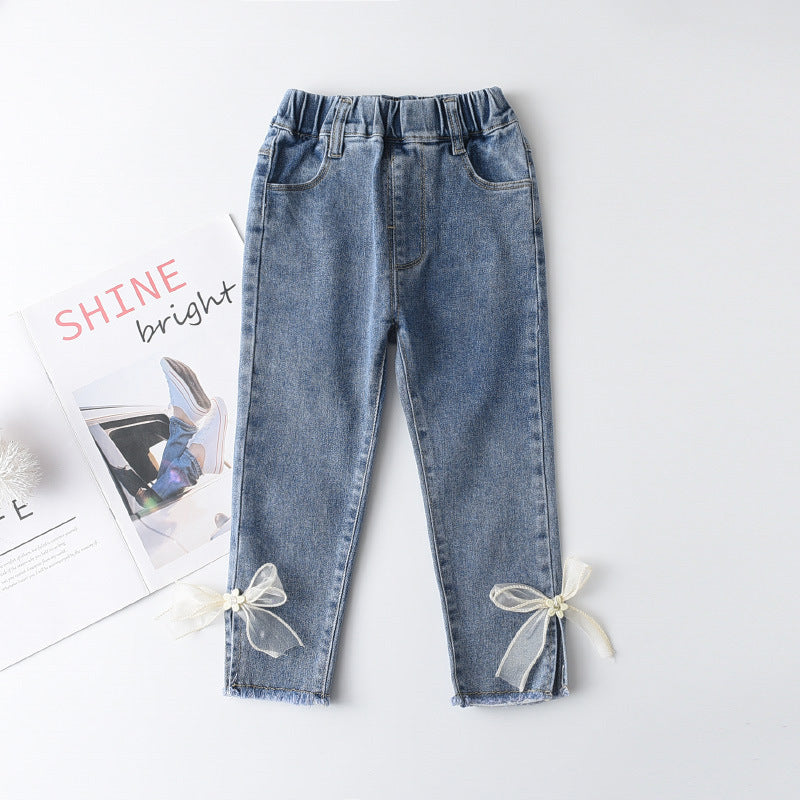 Korean Style Young And Little Girls Baby Sweet Fashion Bowknot Slim Jeans Fashion