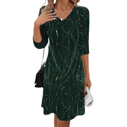 Womens Printed V-Neck Mid-Sleeve Dress