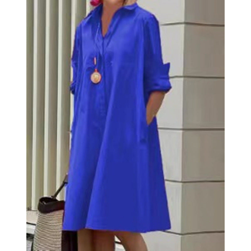 Elegant Polka-dot Printed Shirt-collar Mid-length Dress With Long Sleeves