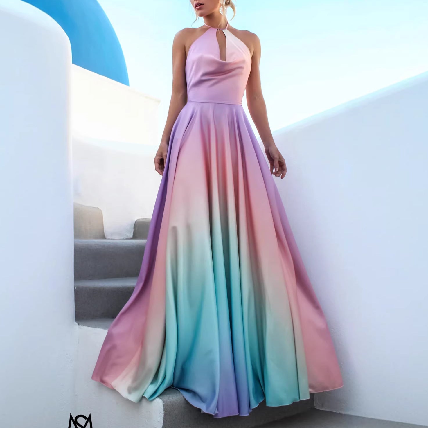 Womens Flared Defined-Waist Gradient-Dye Dress
