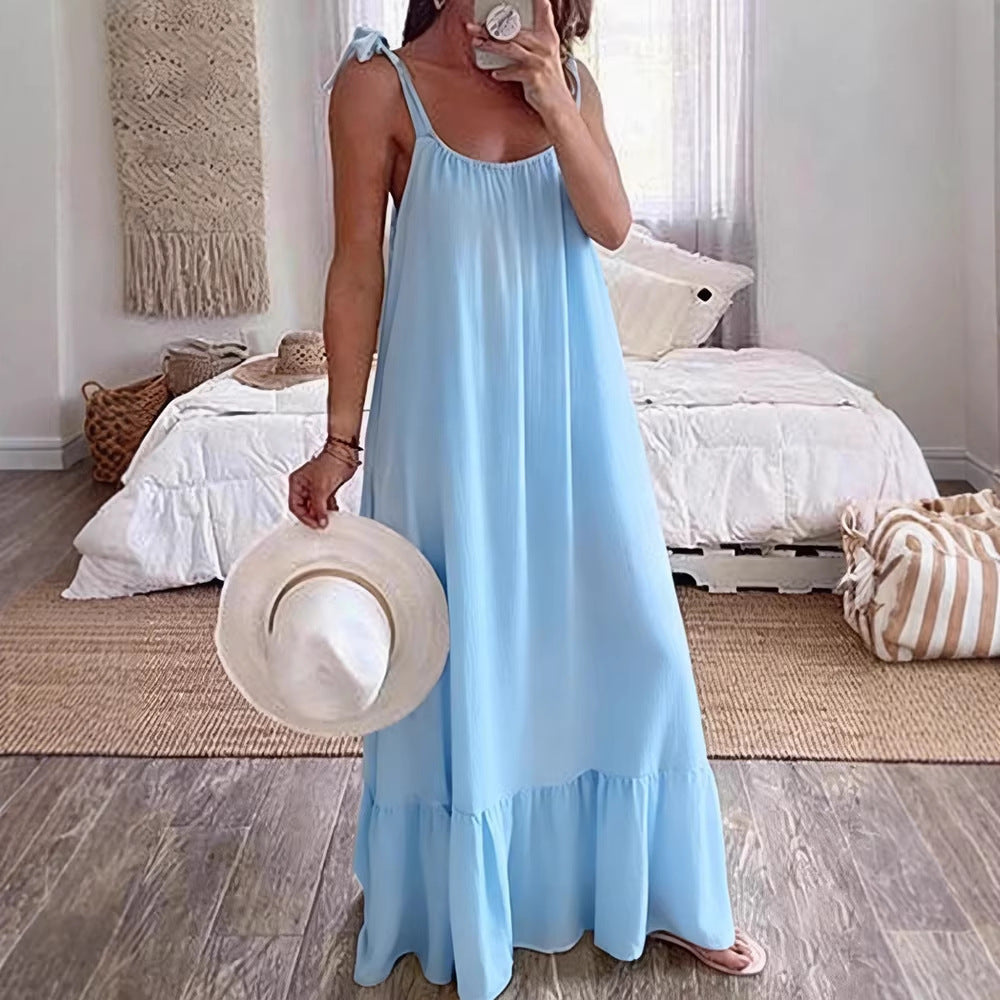 Casual Sling Dress With A U-neck Classic Pleating And Multiple Color Options