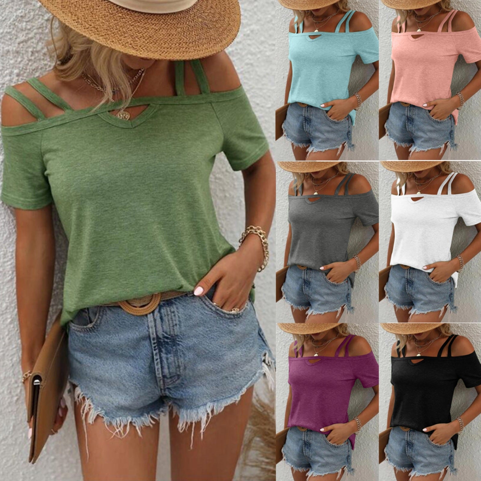 Solid Color Short Sleeve Double Strap Boat Neck Top