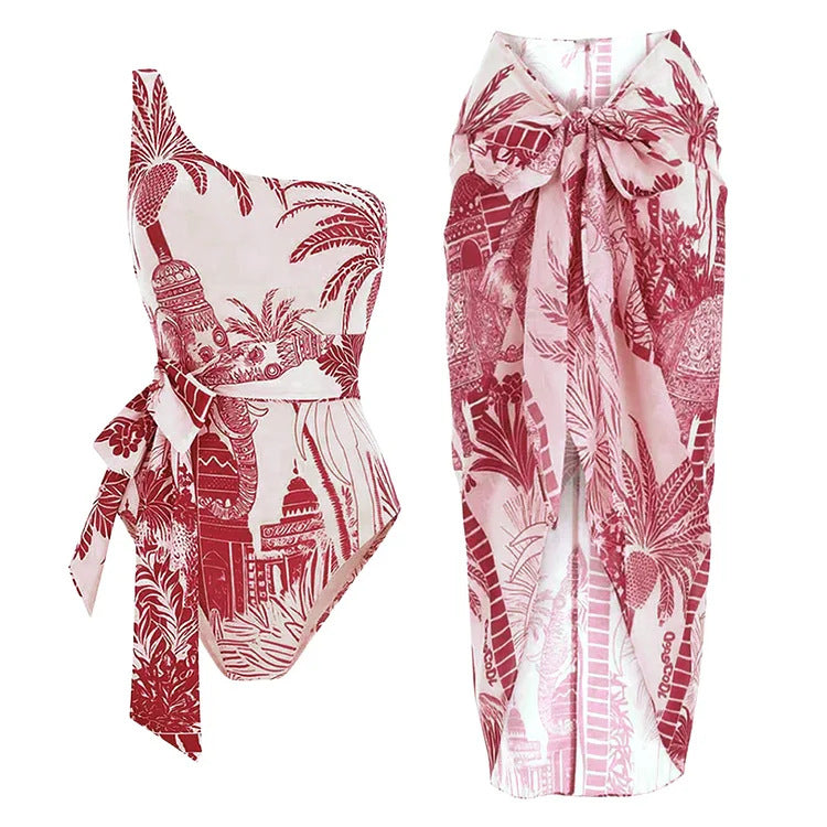 Womens One-Shoulder Strapped Swimsuit Set With Coconut Tree Print