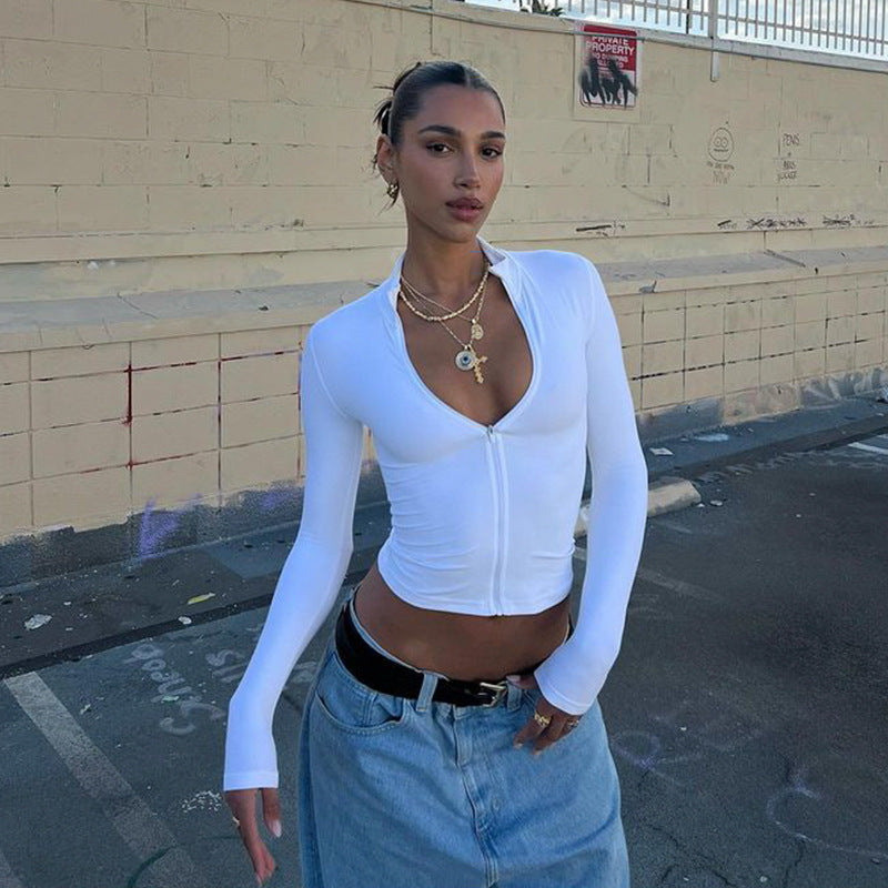 Women's Long Sleeve Mock Neck Zip Up Cardigan Cropped And Figure Hugging Top