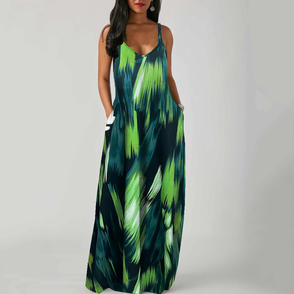 Adjustable-strap Printed Dress With Patch Pockets