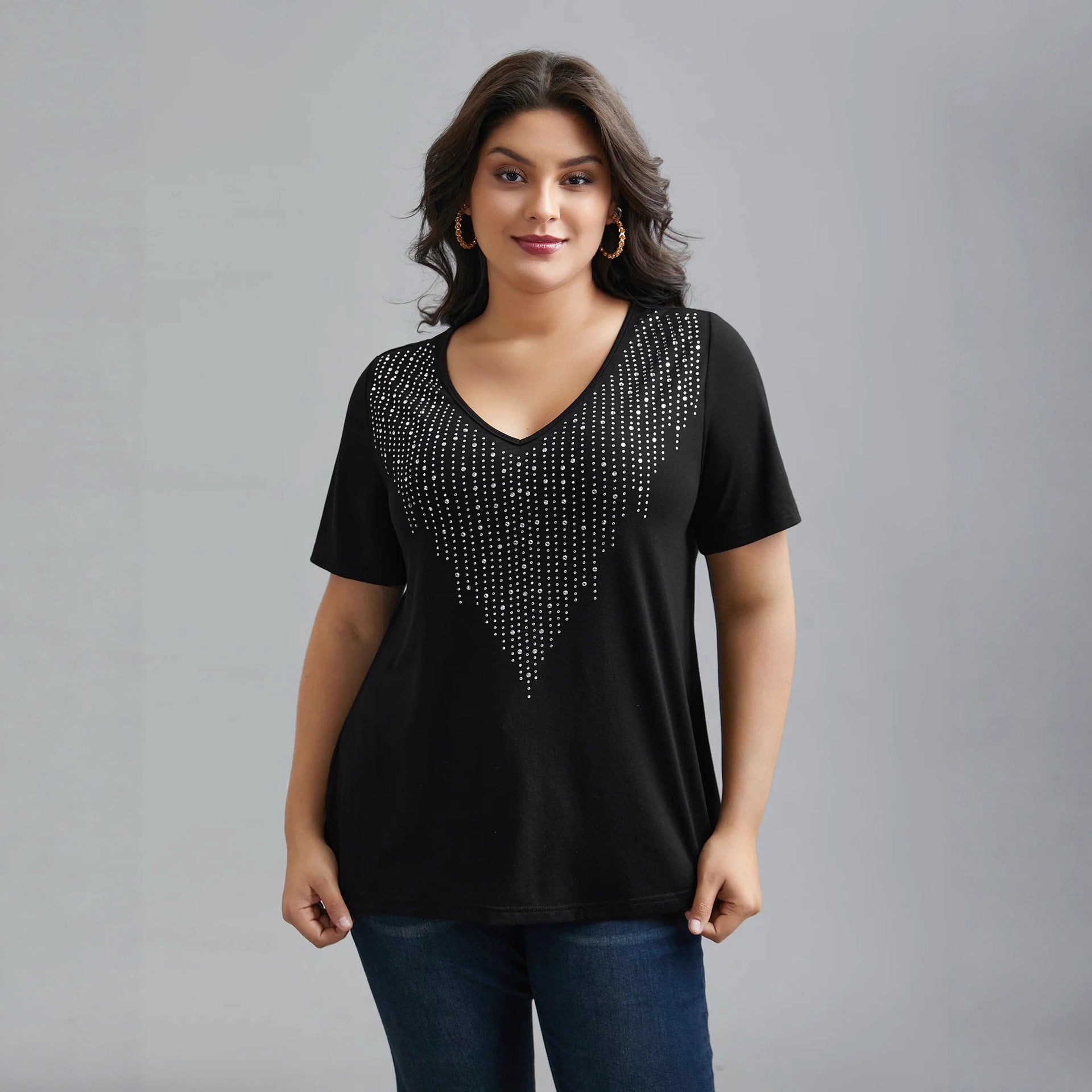 Fashion Slim-fit Casual Comfortable Versatile Black V-neck Diamond-encrusted T-shirt
