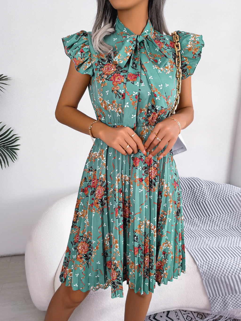 Women's Elegant Floral Print Tie Waist Flowy Pleated Skirt