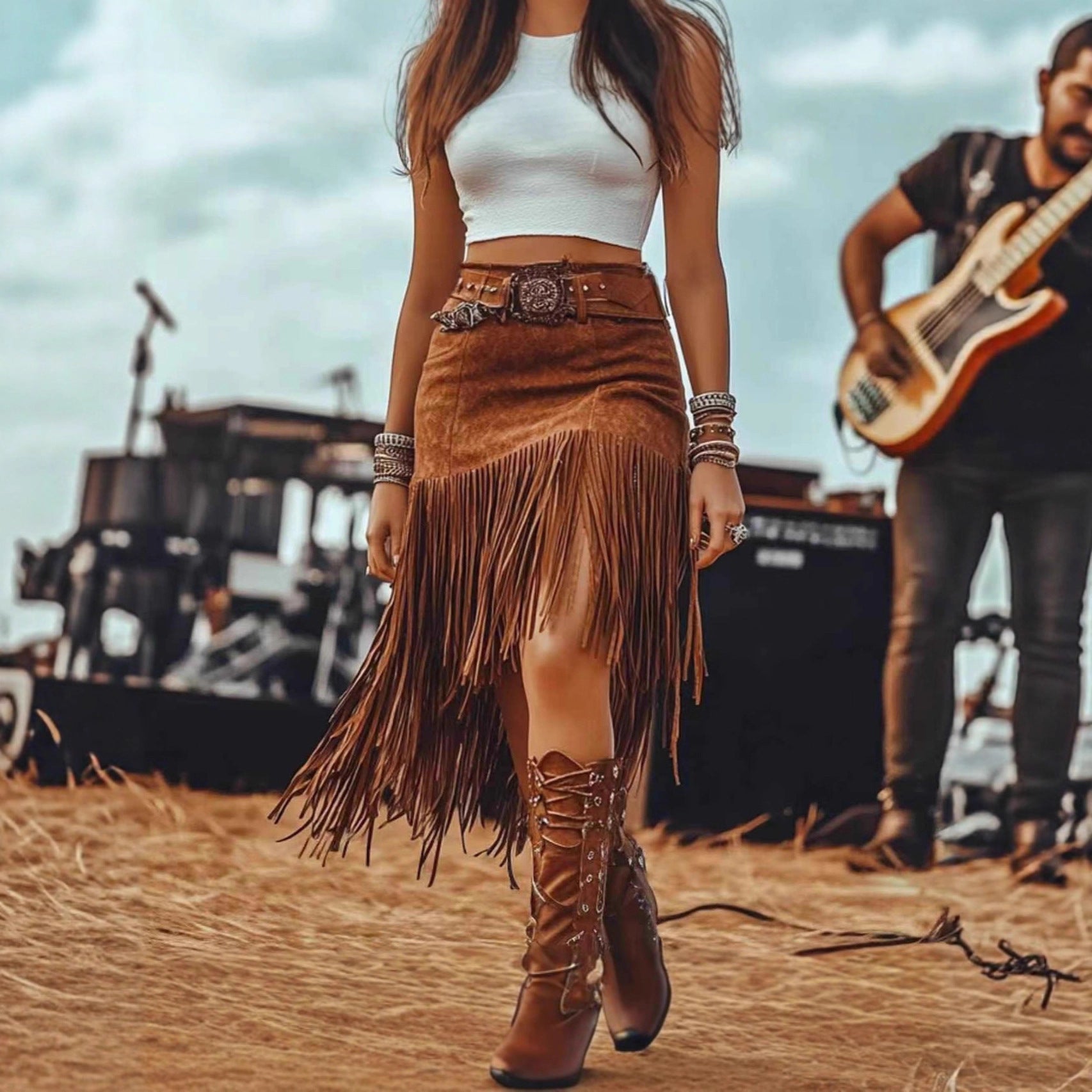 Coffee-Colored Tassel Skirt For Women Autumn Design-Forward Style