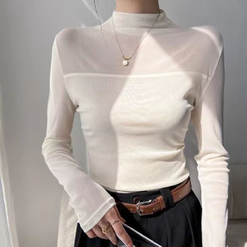 Women's Solid Color Semi-High Neck Lace Base Shirt