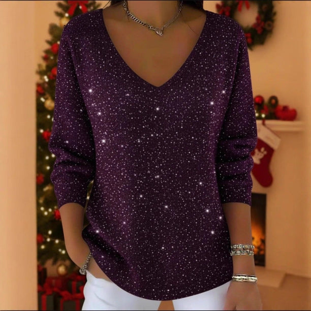 New Drop-shoulder V-neck Long-sleeve Printed Women's Pullover