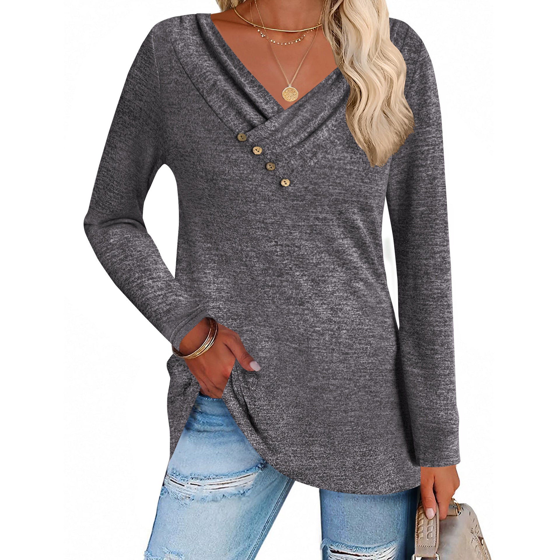 Women's Long Sleeve V-neck Button-up Shirt