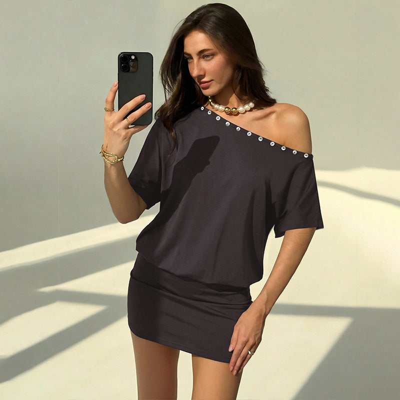 New Shell Button Slash Neck Off Shoulder Slim Fit Body Hugging Street Style Dress