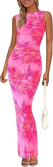 Womens Crew-Neck Pleated Floral Sheer Sleeveless Mesh Dress