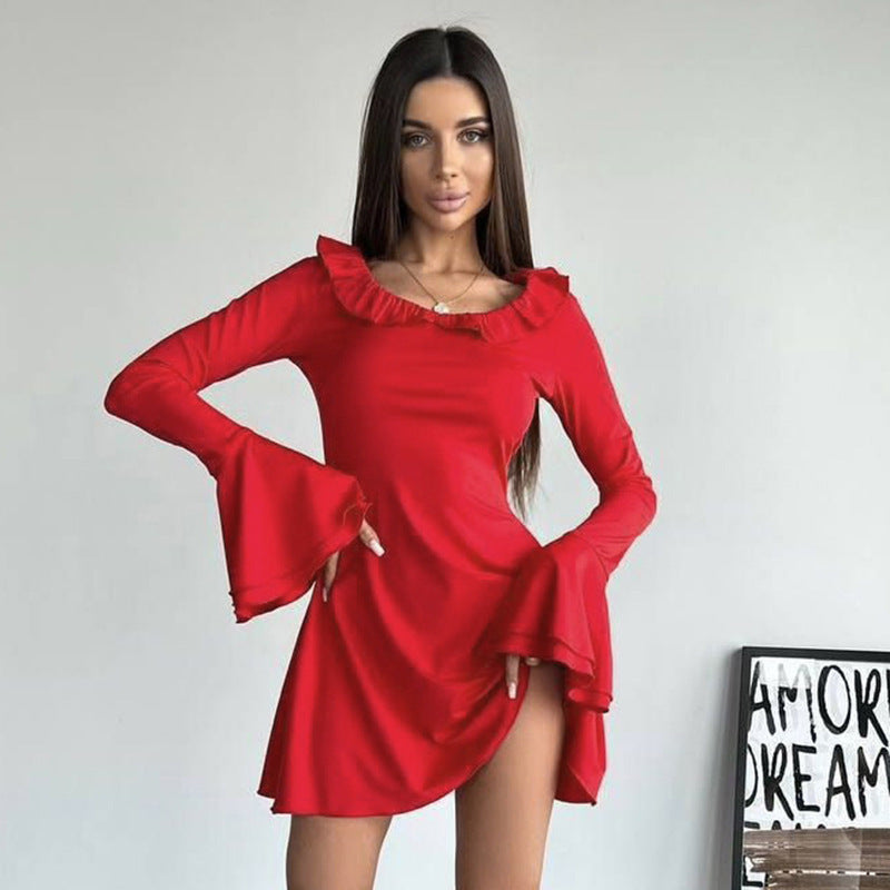 New Solid-color U-neck Flared-sleeve Long-sleeve Dress Skirt