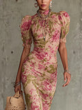 Puff-sleeve Printed Slim-fit Long Pleated Dress
