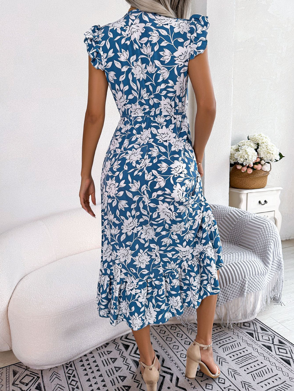 Women Casual Ruffle Trim Floral Print Tie Waist Maxi Vacation Dress