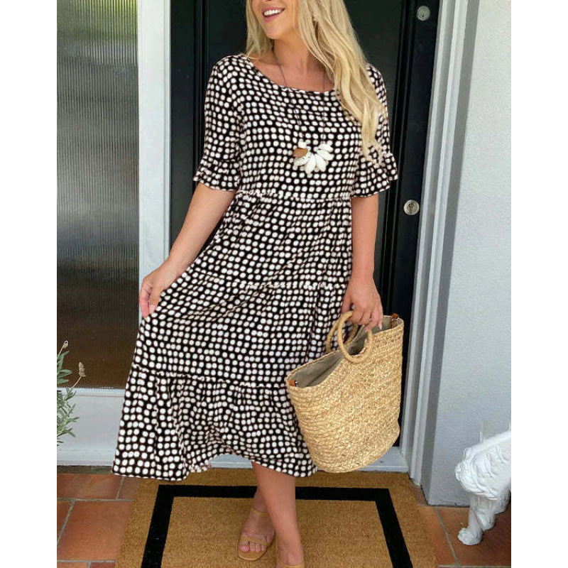 Womens Hot Bestseller Summer Crew-Neck Printed Short-Sleeve Dress