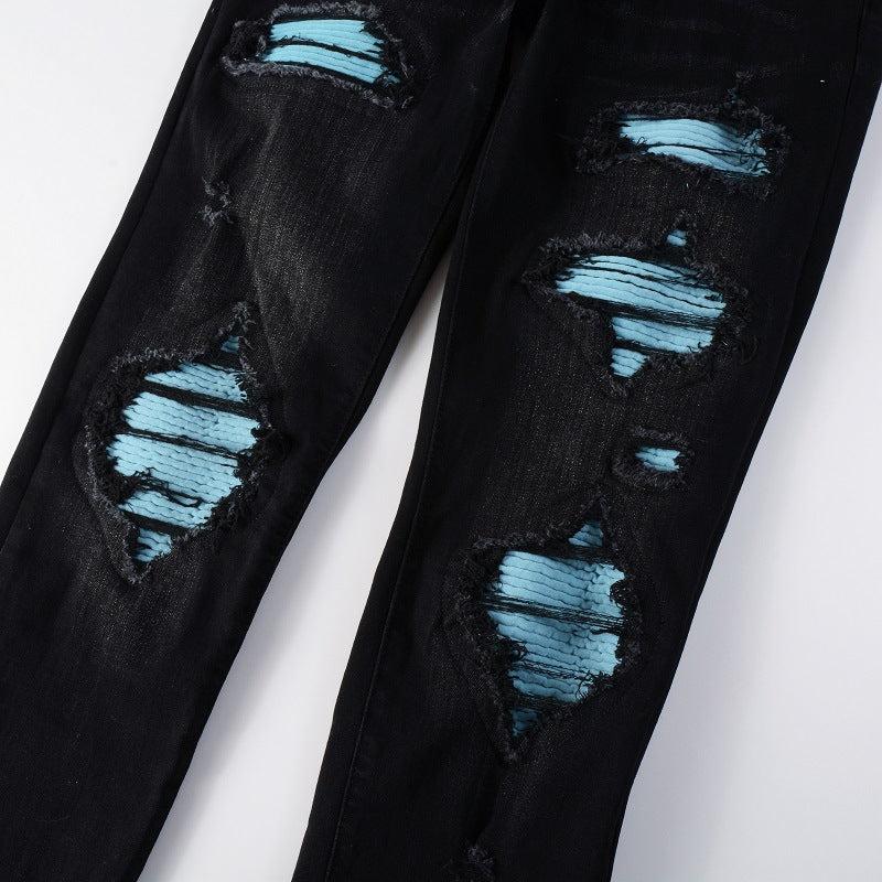 Street-style Mens Ripped Corduroy Patch Denim Jeans