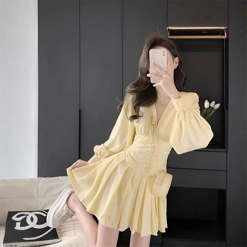 Womens French-style Cinched Waist Chiffon Solid Color Long-Sleeve Dress