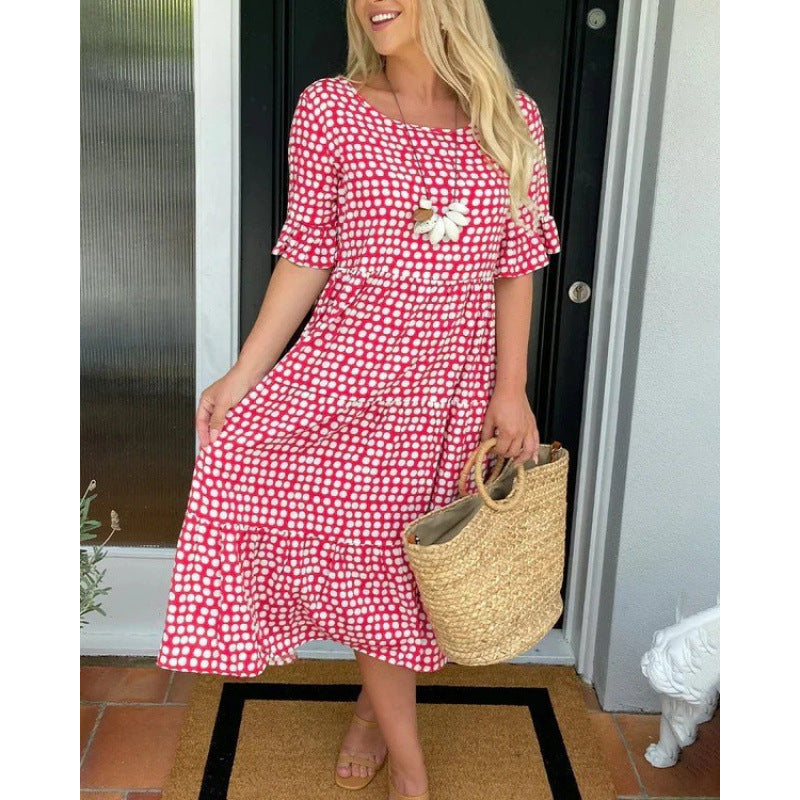 Womens Hot Bestseller Summer Crew-Neck Printed Short-Sleeve Dress