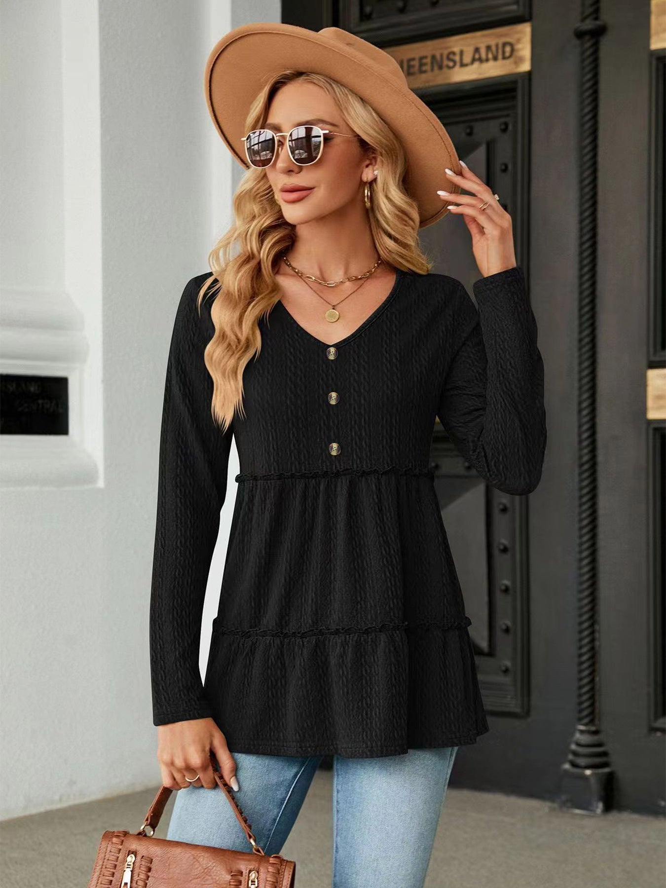 Women's Solid-color V-neck Button-panel Loose Long-sleeve Top