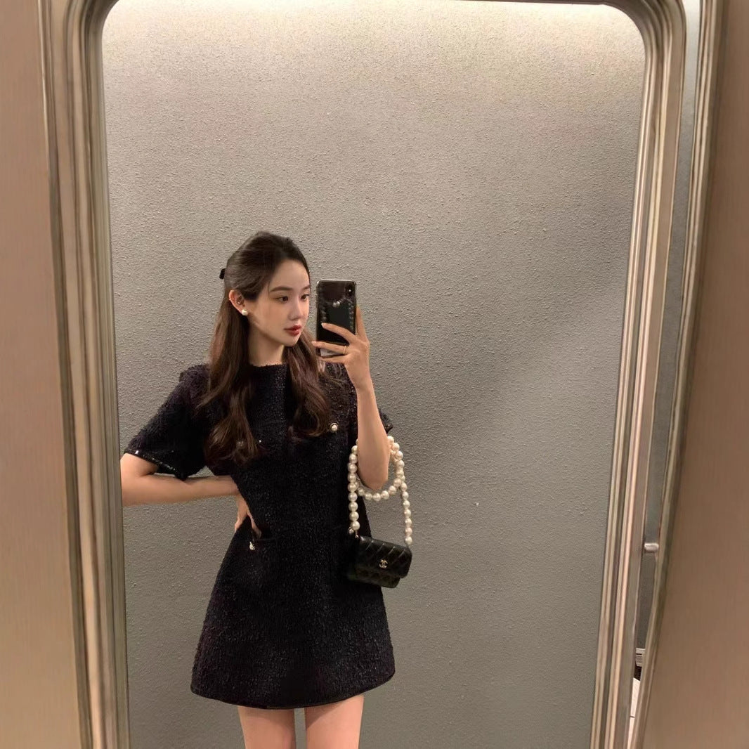 Contrast-color Patchwork Loose Casual Short-sleeve Tweed Dress
