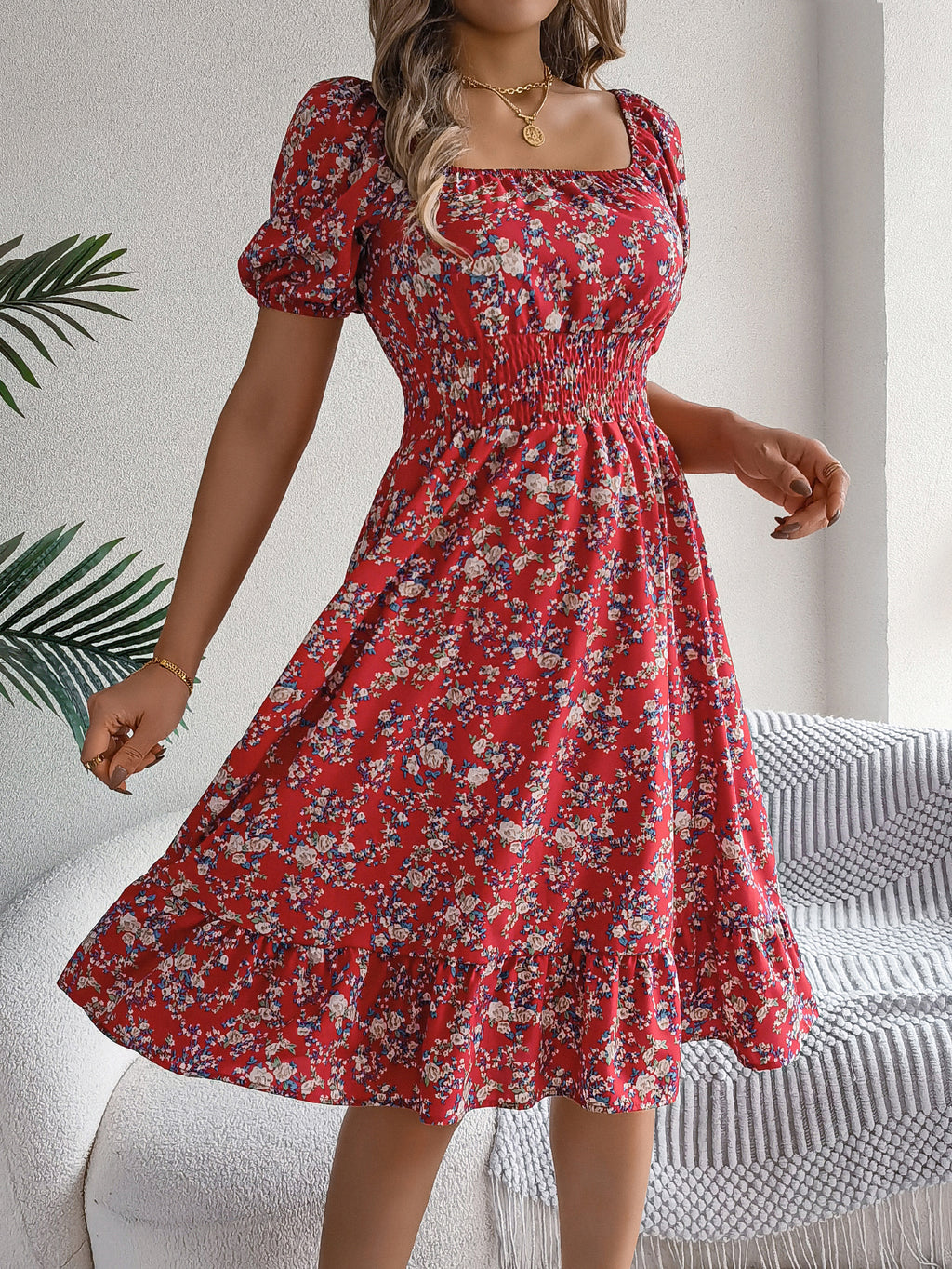 Women's Floral Print Square Neck Short Sleeve Tie Waist Ruffle A-Line Dress