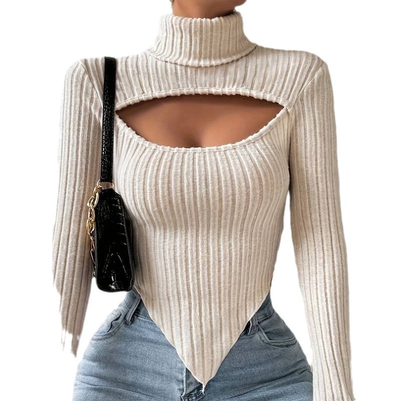 Autumn And Winter New European And American Women's Sexy Hollow-out Irregular Long-sleeved Knitted Striped Short Top