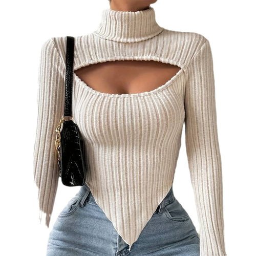 Autumn And Winter New European And American Women's Sexy Hollow-out Irregular Long-sleeved Knitted Striped Short Top