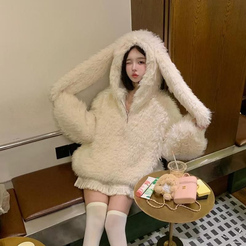 New Cute Rabbit Ears Loose Thick Furry Sweater