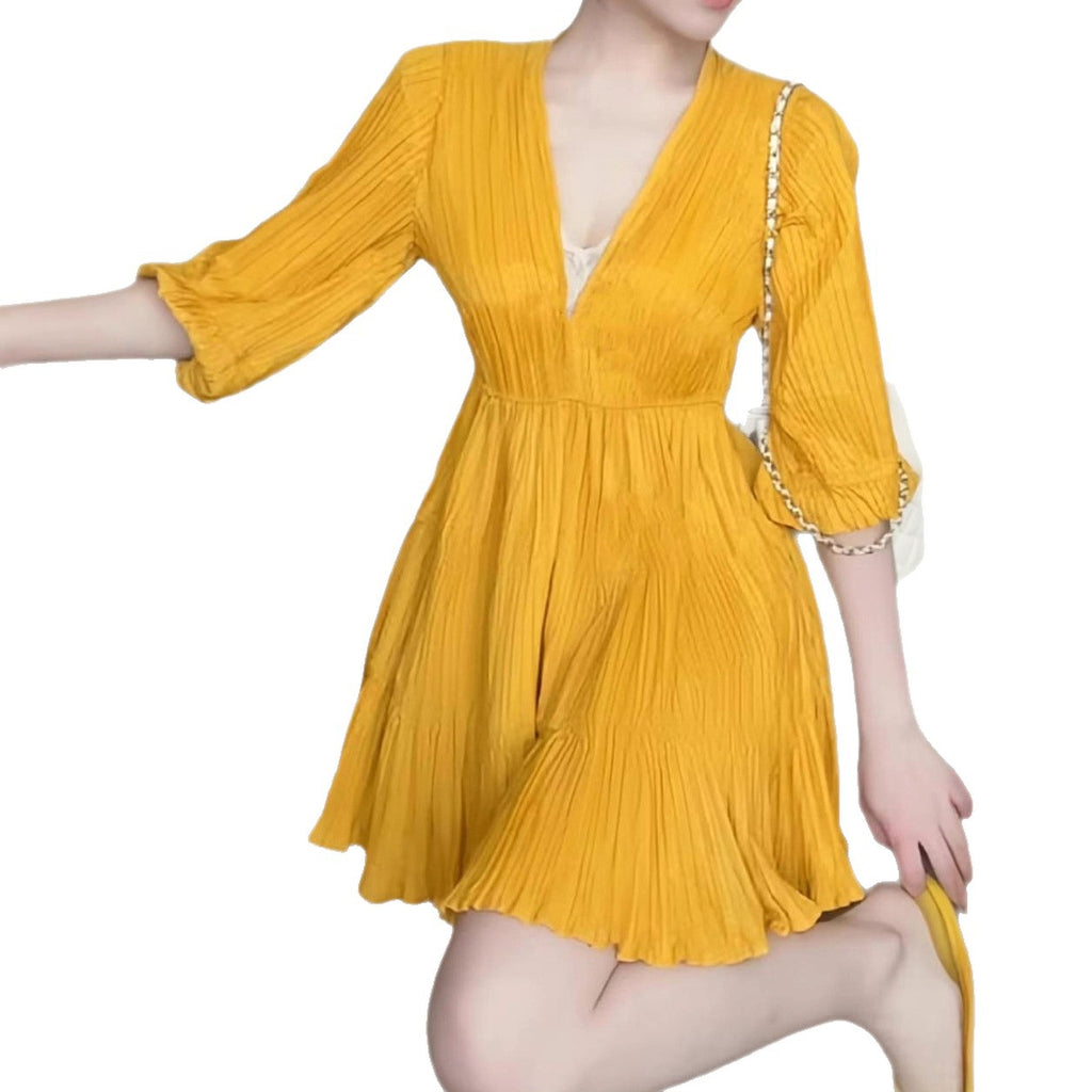 Solid-color V-neck Dress For Spring And Summer