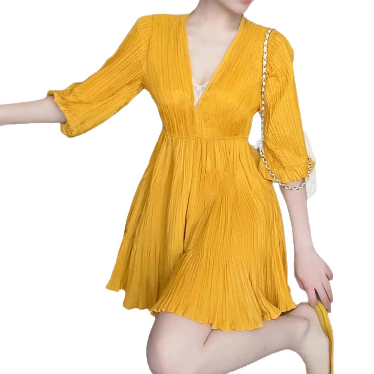 Solid-color V-neck Dress For Spring And Summer
