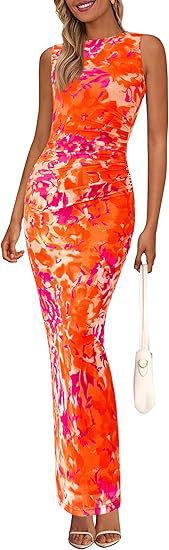 Womens Crew-Neck Pleated Floral Sheer Sleeveless Mesh Dress