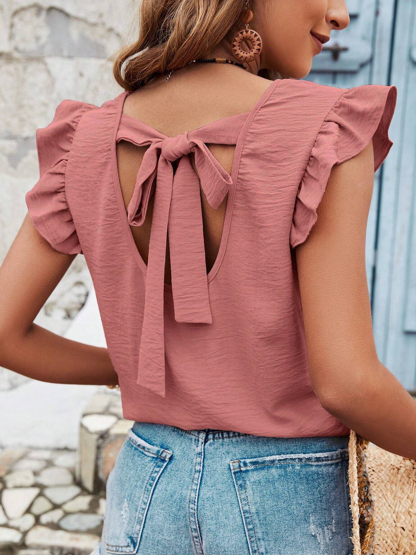 Women's Solid Color Round Neck Pullover Blouse With Ruffles