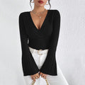 V-neck Flared Sleeve Wine Red T-shirt Slim-fitting Base Layer Top