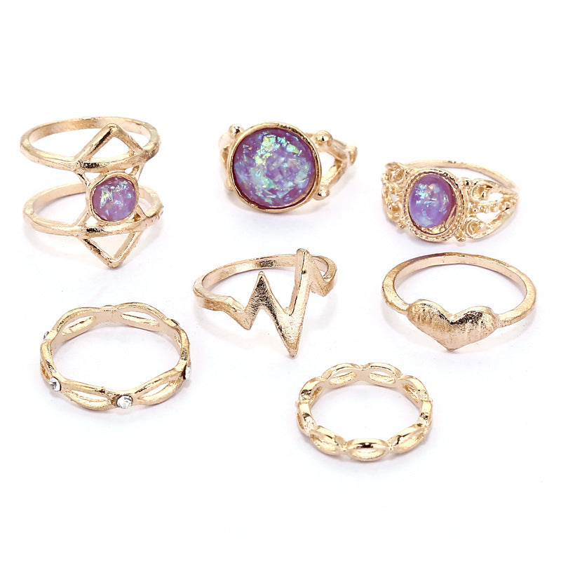 Vintage 8Pcs/Set Colorful Stone Metalic Rings