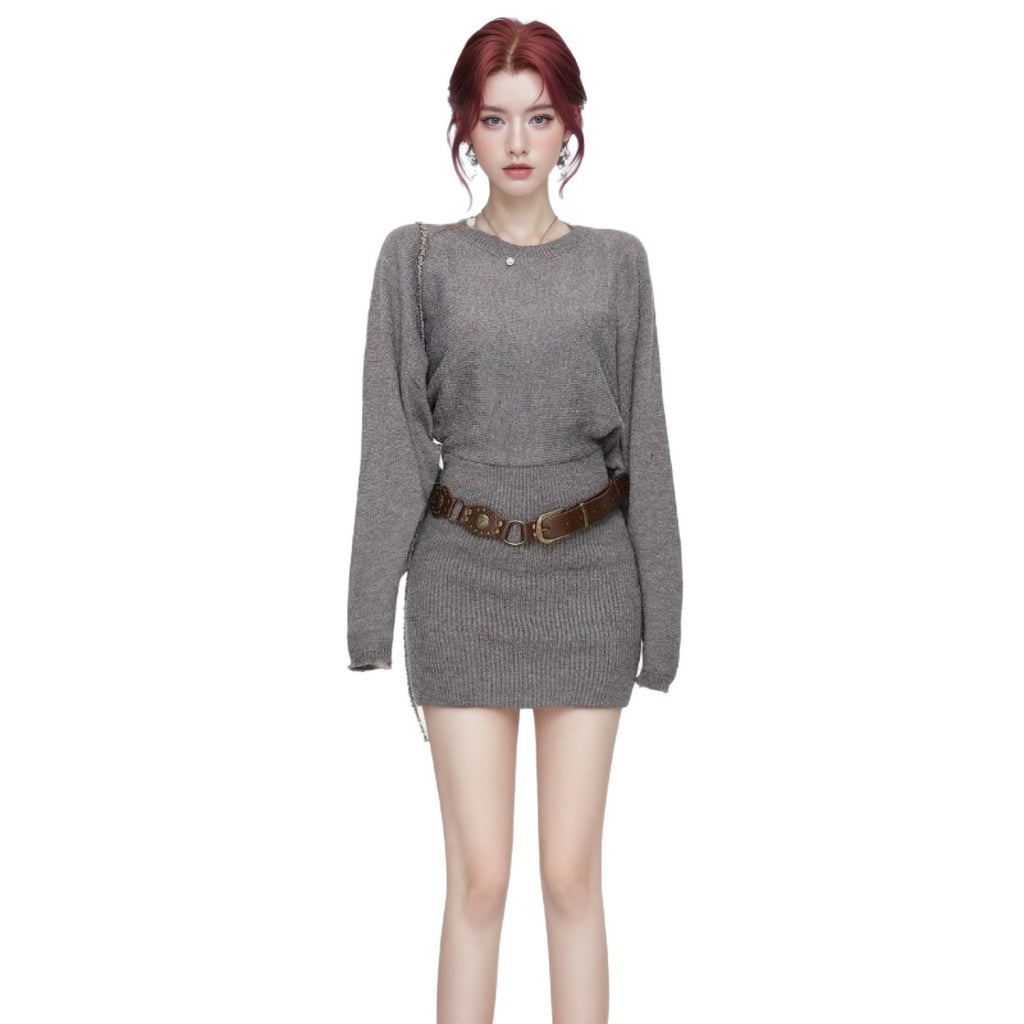 Womens Cinched Sheath-Fit Pure-Desire Knitted Sweater Dress For Layering