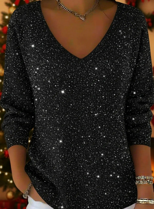 New Drop-shoulder V-neck Long-sleeve Printed Women's Pullover