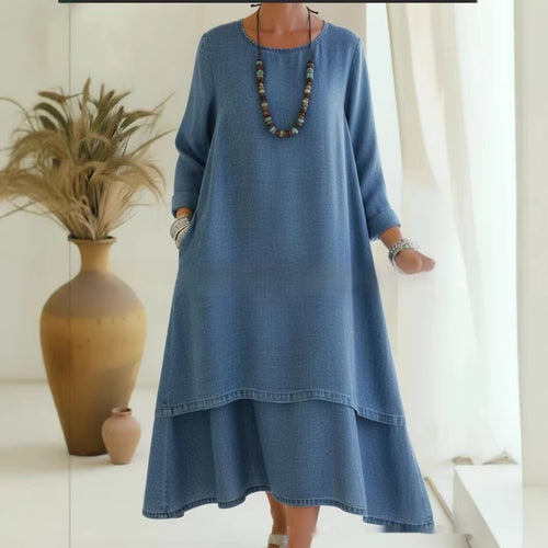 Elegant Double-layered Hemline Faux Denim Maxi Skirt