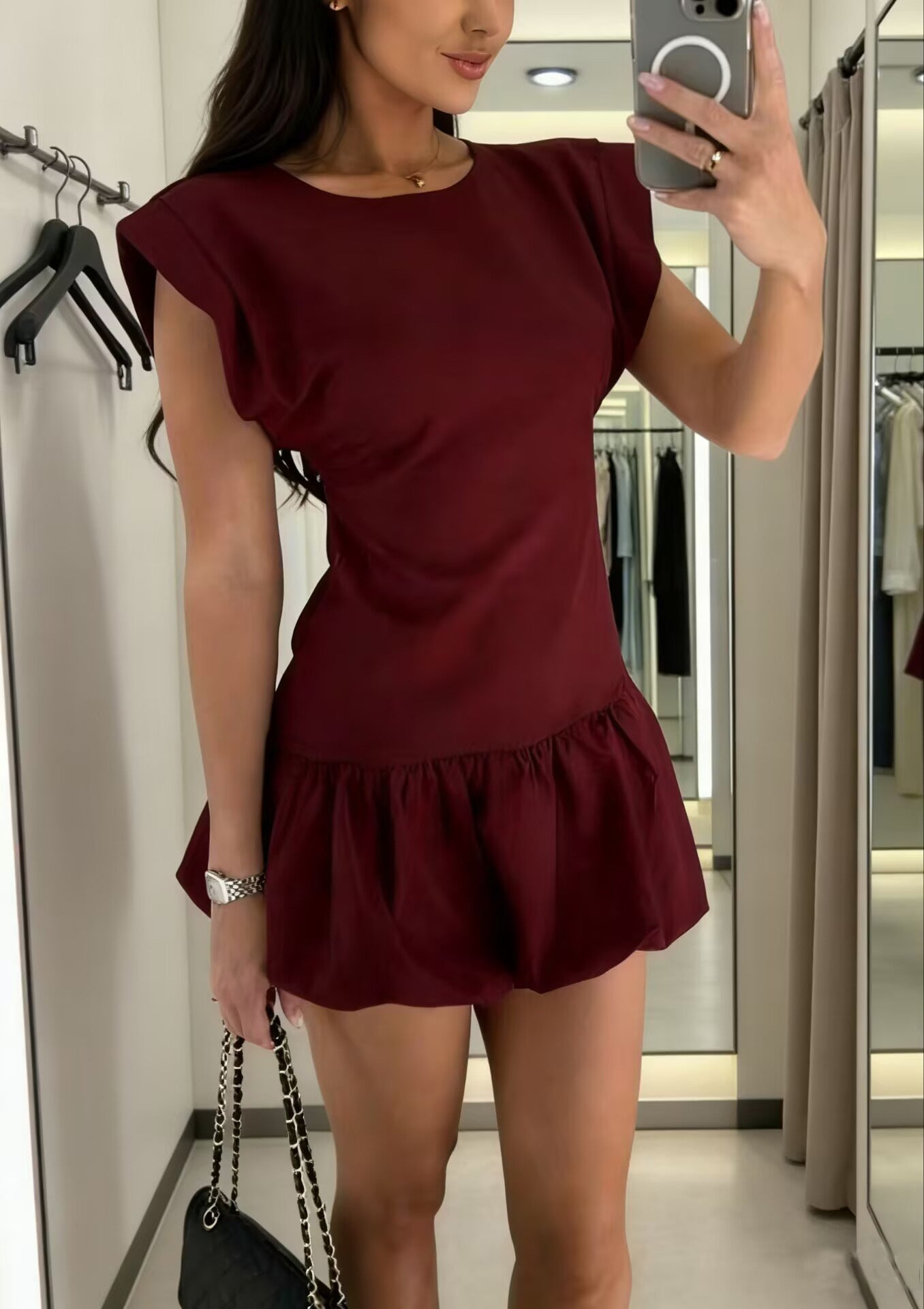 Womens Solid-Color Fashion Short-Sleeve Ruffle-Trim Dress