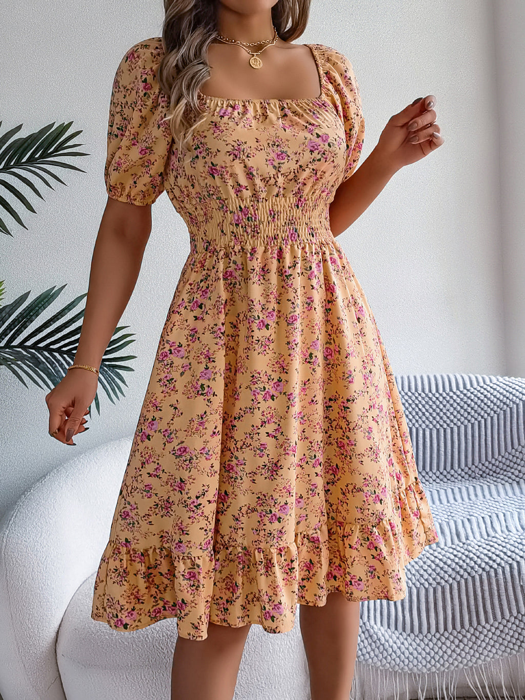 Women's Floral Print Square Neck Short Sleeve Tie Waist Ruffle A-Line Dress