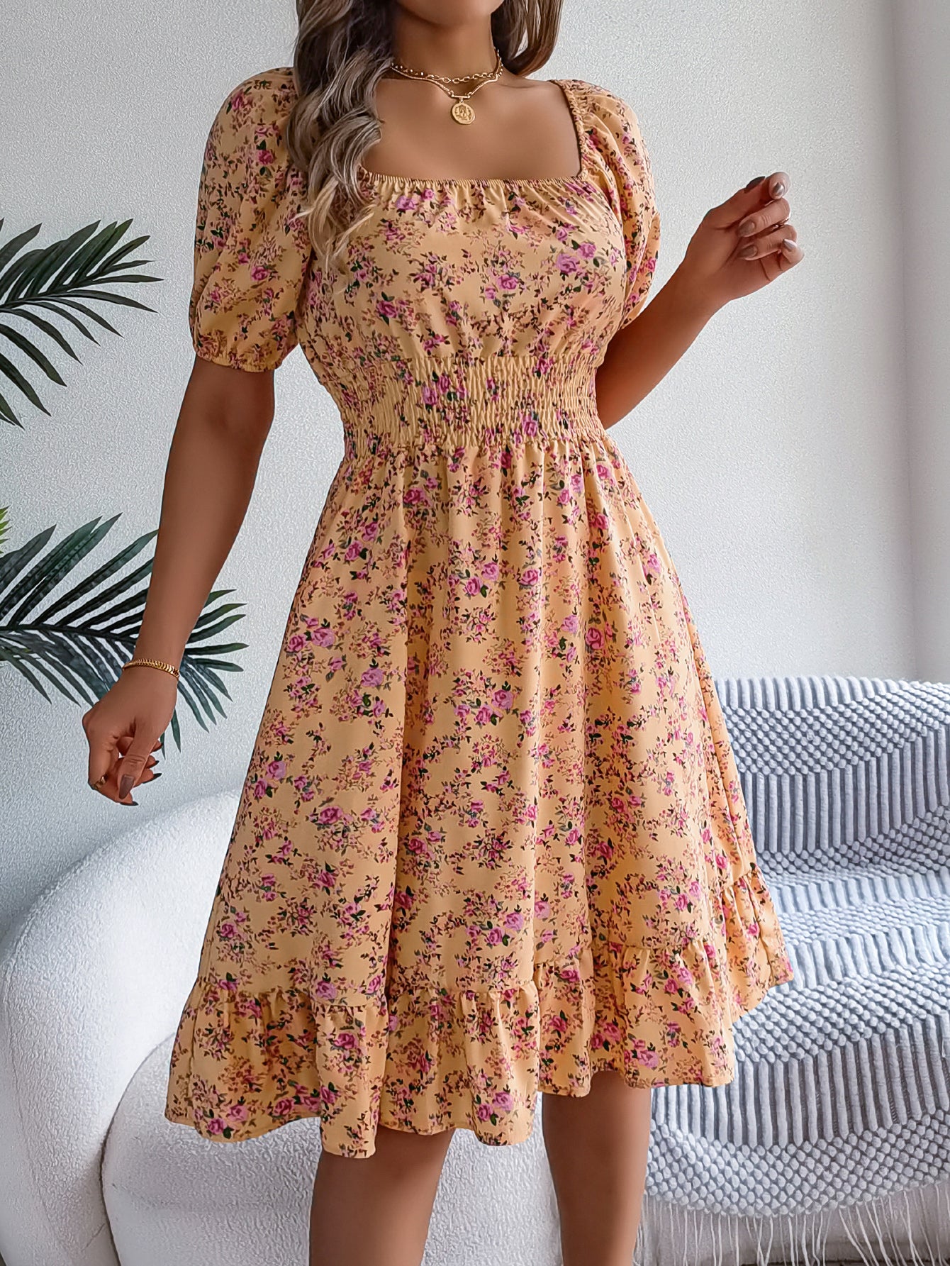 Women's Floral Print Square Neck Short Sleeve Tie Waist Ruffle A-Line Dress