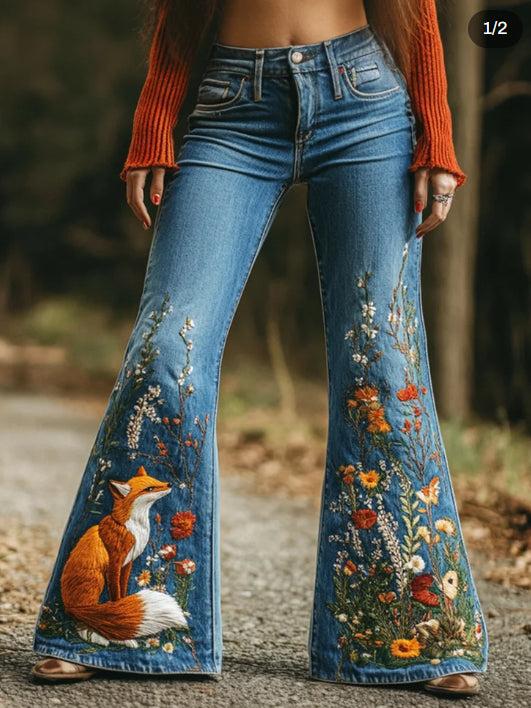 Forest Fox Floral Embroidered Washed Flare Jeans