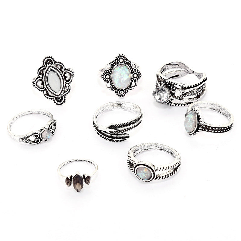 Vintage 8Pcs/Set Colorful Stone Metalic Rings