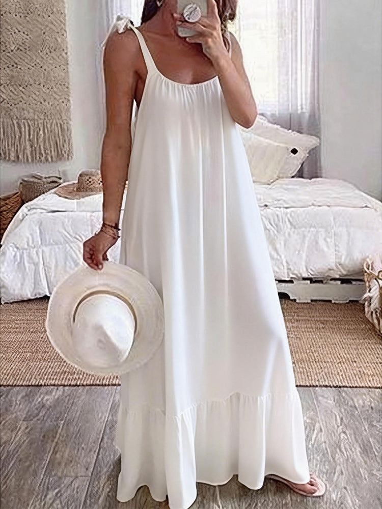 Casual Sling Dress With A U-neck Classic Pleating And Multiple Color Options