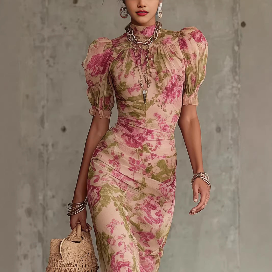 Puff-sleeve Printed Slim-fit Long Pleated Dress