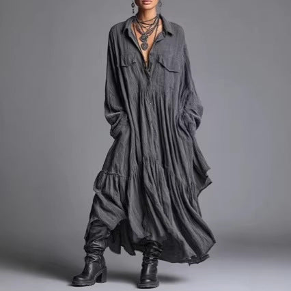 Artistic Retro Loose Pleated Long-Sleeve Shirt Dress